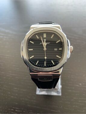 Nautilus Style Stainless Steel Watch - Black Dial with strap